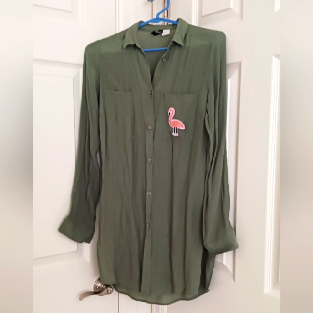 DIVIDED by H&M Green Button-Up Shirt with Pink Flamingo Patch